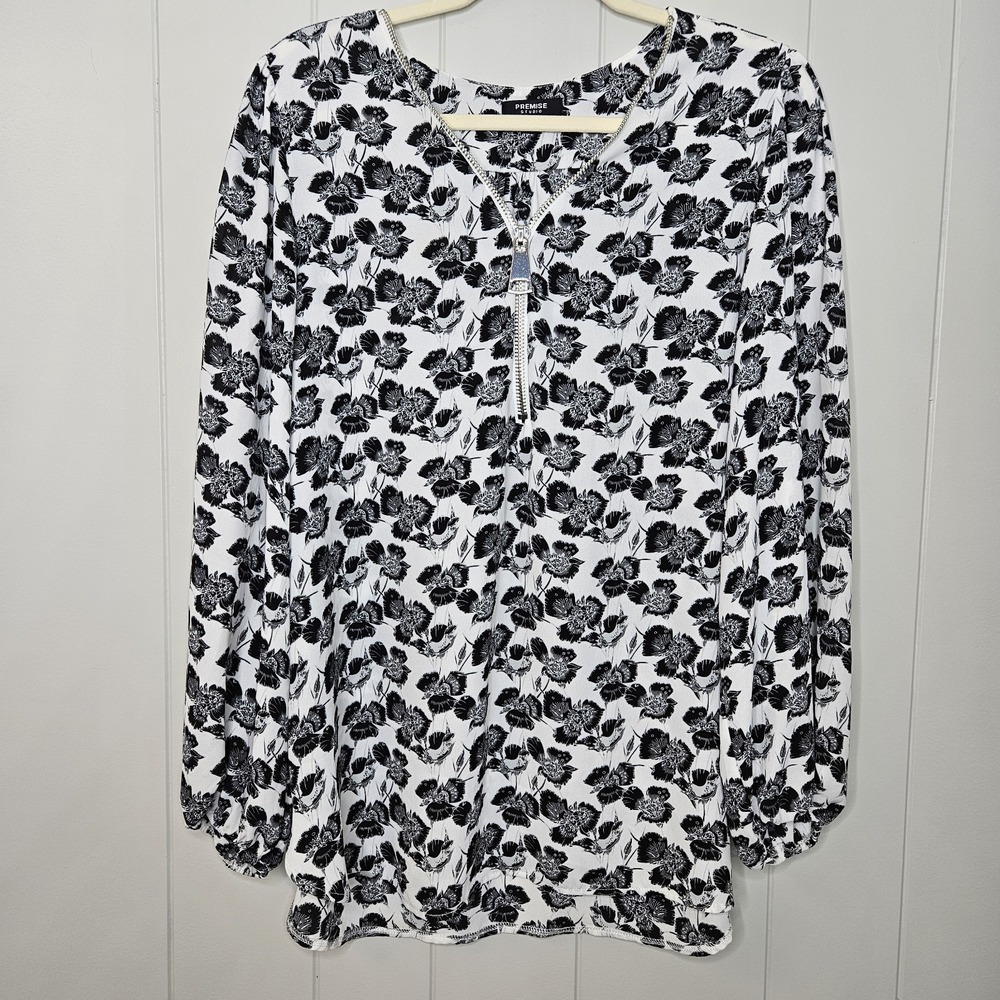 Promise Studio XL White Black Floral Top Elastic Sleeve Band 100% Polyester